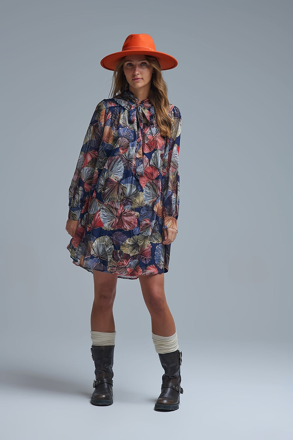 Elegant Floral A-Line Tie Neck Dress