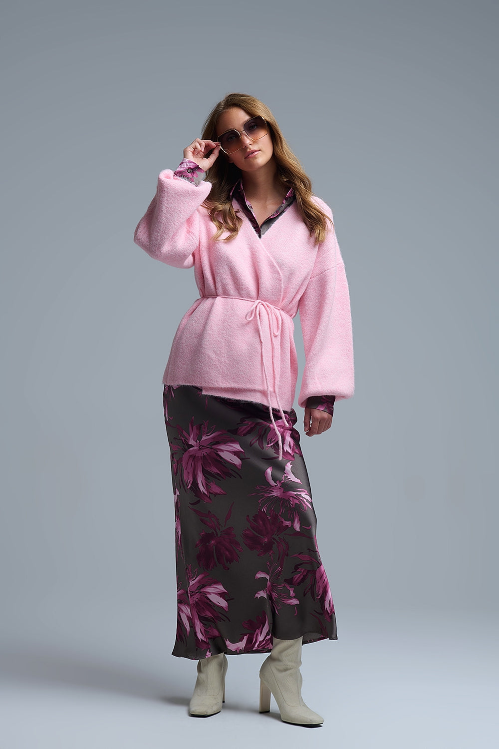 Elegant Pink Wrap Knitted Cardigan