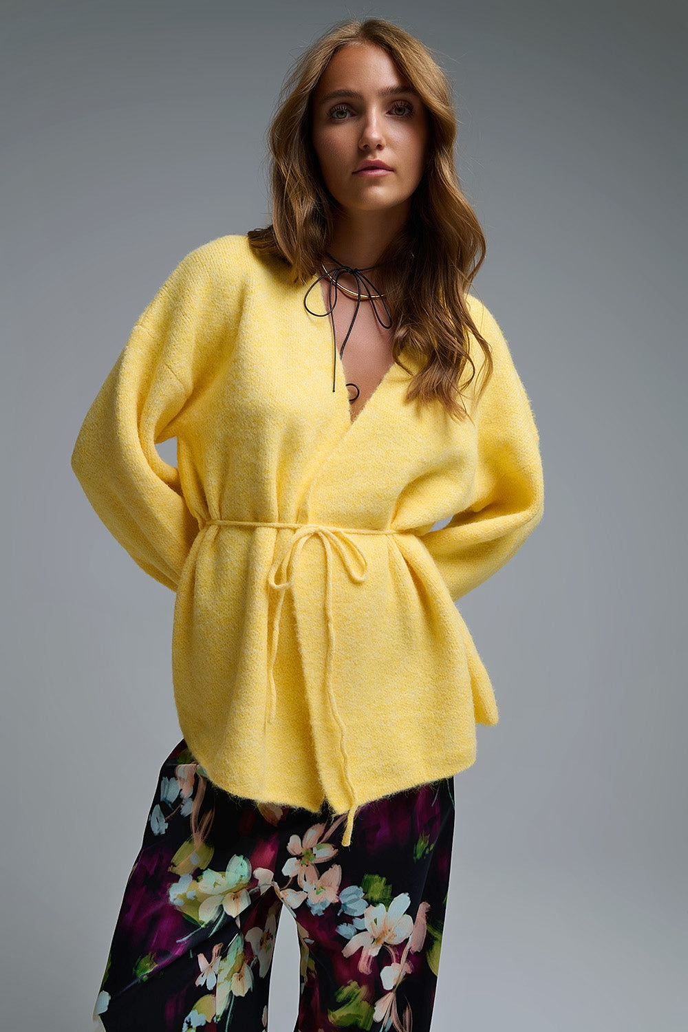 Elegant Yellow Wrap Knitted Cardigan