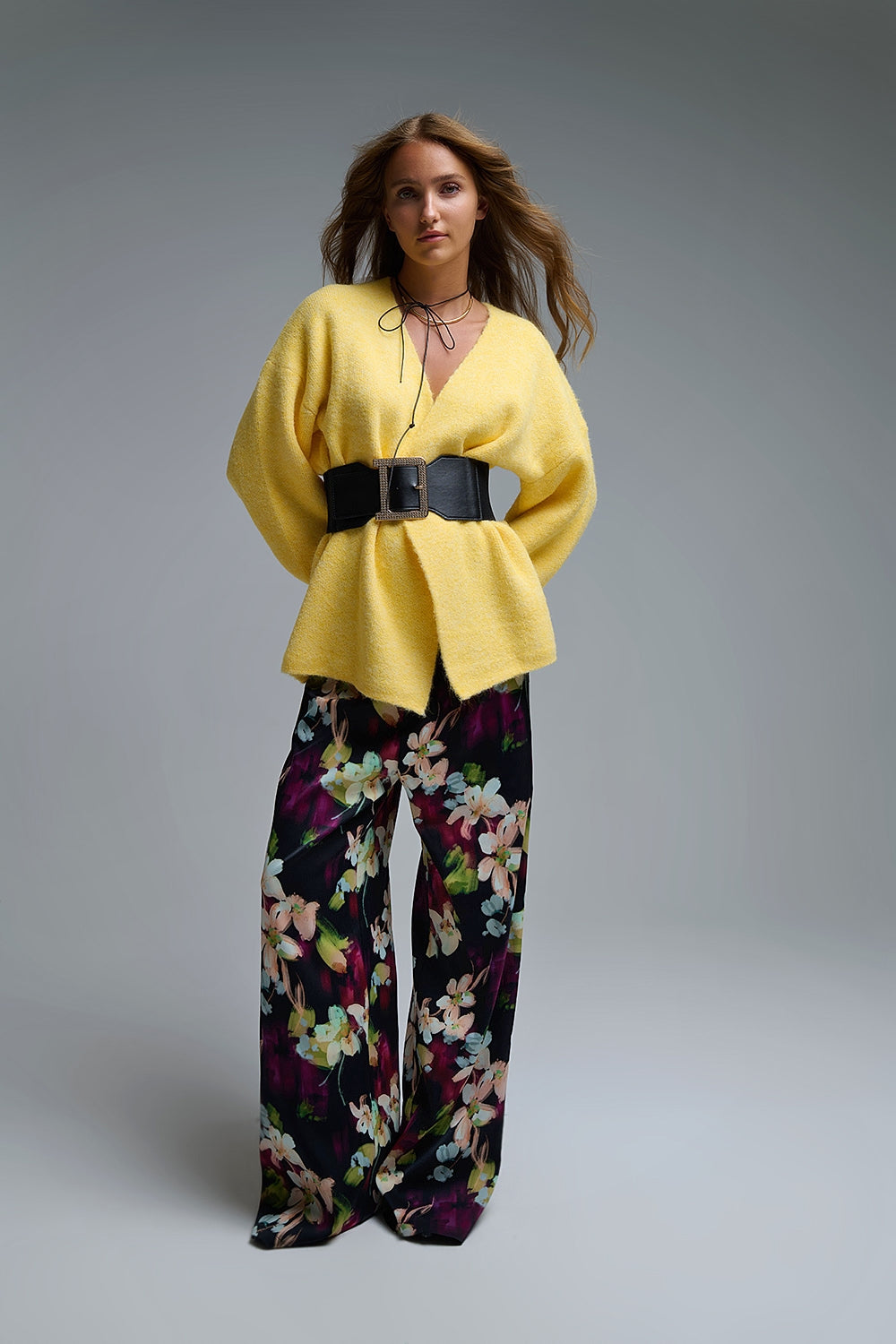 Elegant Yellow Wrap Knitted Cardigan