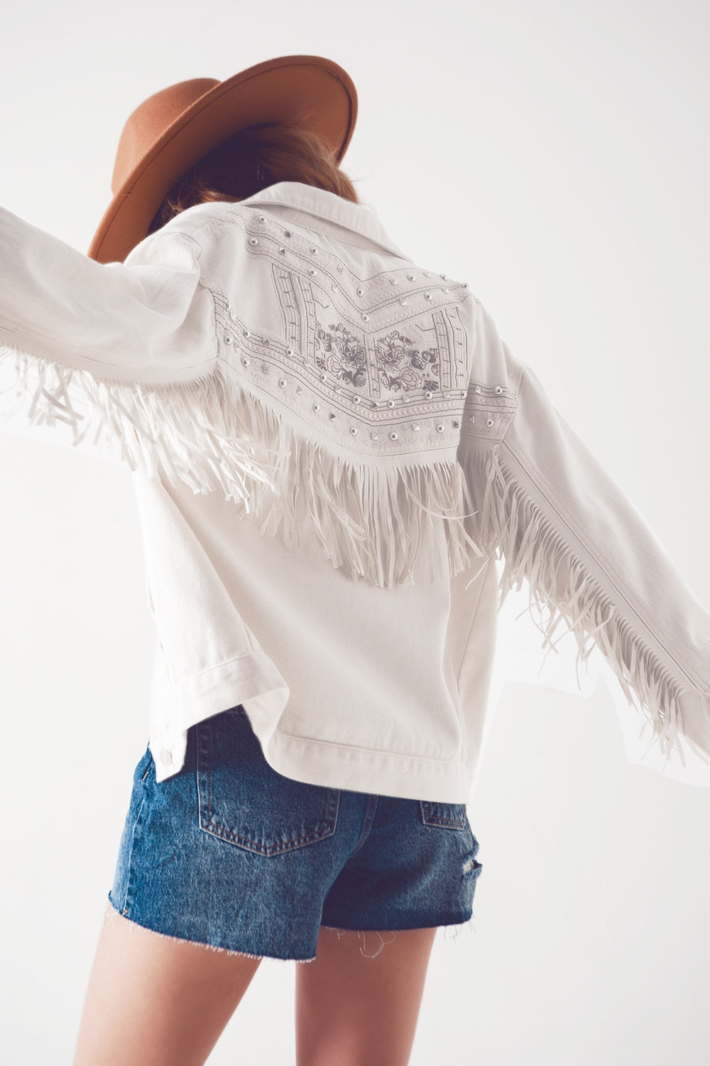 Q2 Embellished fringe denim jacket in white