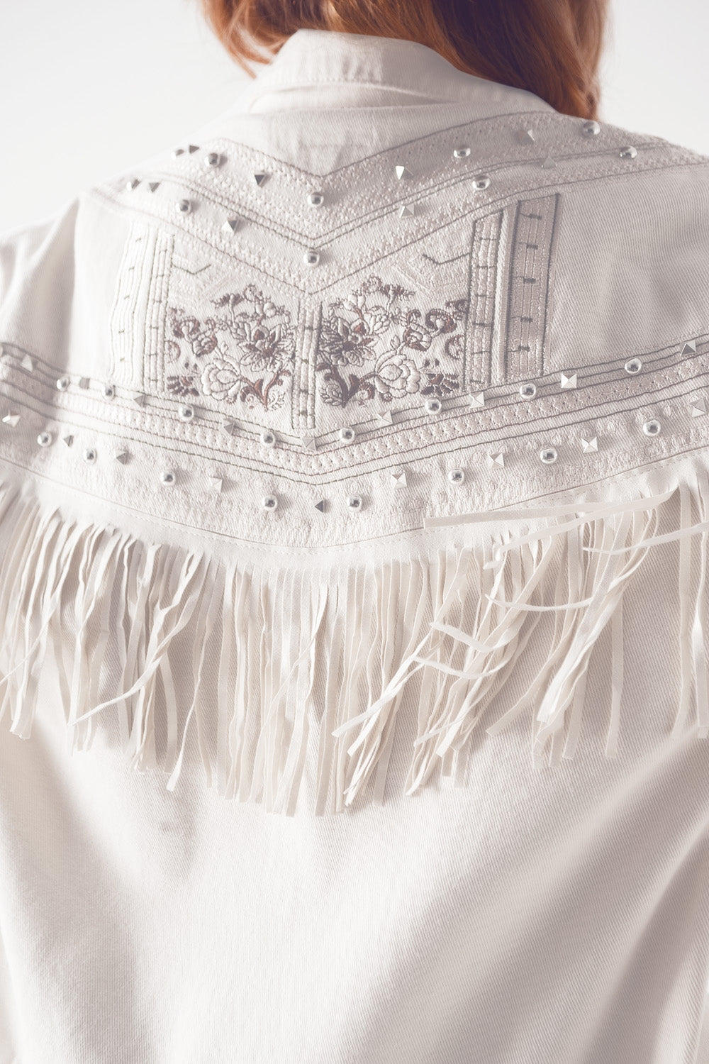 Embellished fringe denim jacket in white