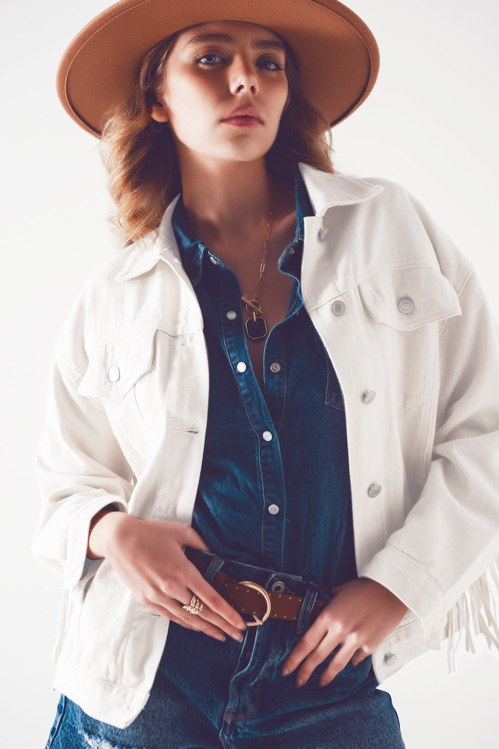 Embellished fringe denim jacket in white