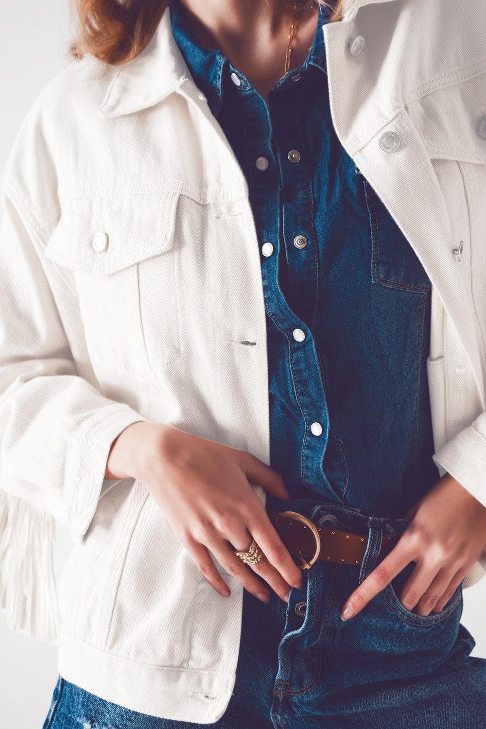 Embellished fringe denim jacket in white