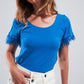 Embellished top with faux feather cuffs in blue