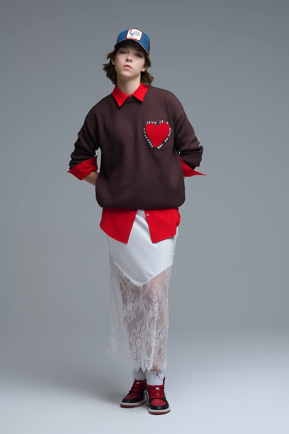 Embroidered Heart knitted Sweatshirt With Text in Brown