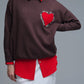 Embroidered Heart knitted Sweatshirt With Text in Brown