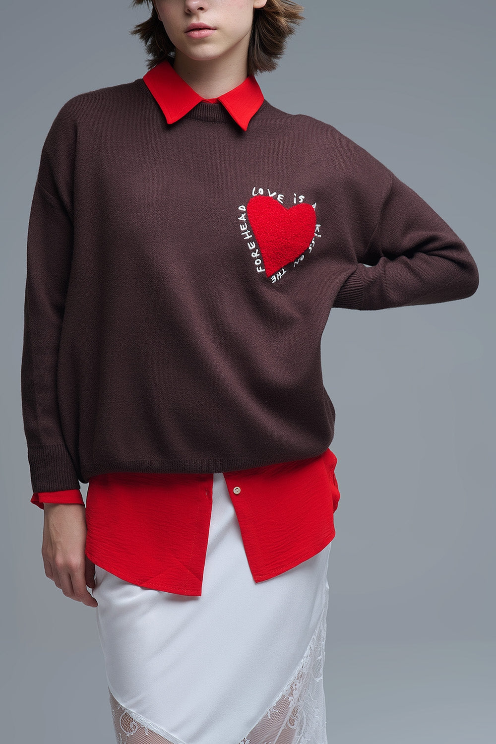 Embroidered Heart knitted Sweatshirt With Text in Brown
