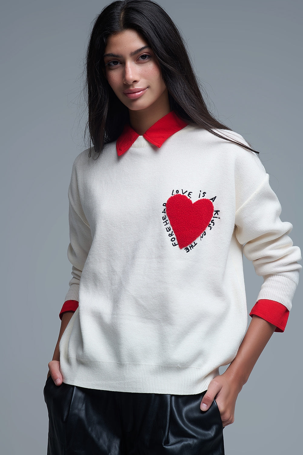 Embroidered Heart knitted Sweatshirt With Text in Cream