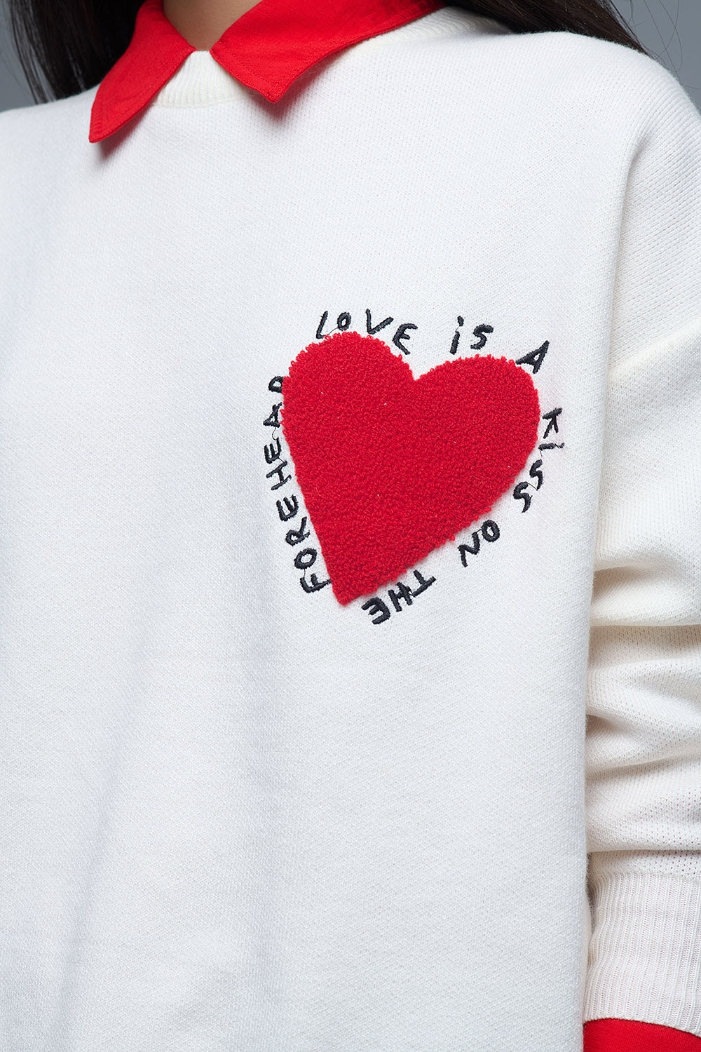 Embroidered Heart knitted Sweatshirt With Text in Cream