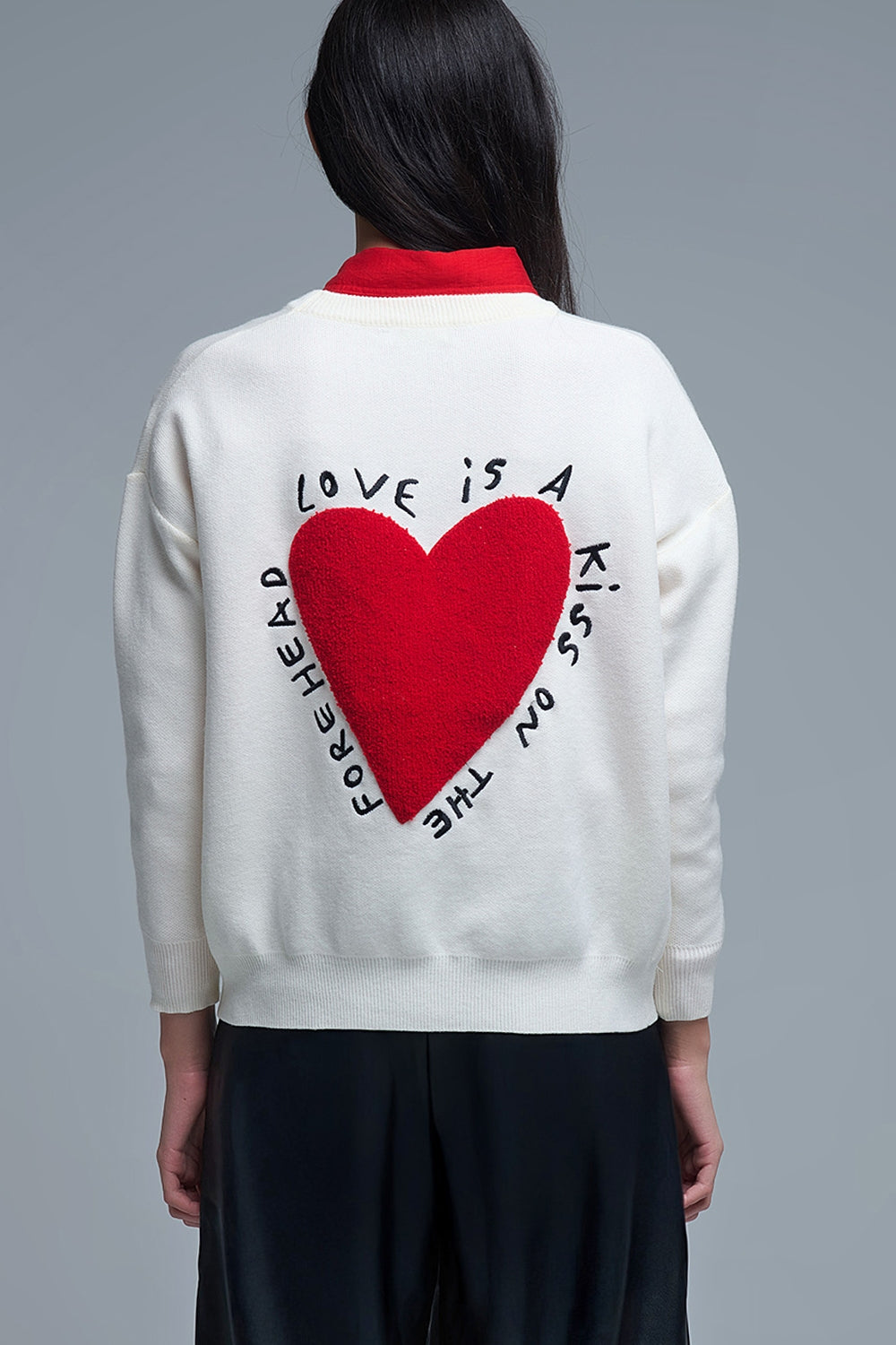 Embroidered Heart knitted Sweatshirt With Text in Cream