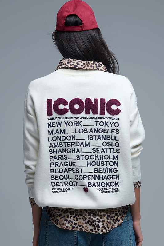 Embroidered ICONIC Sweater with Global Tour Back Print in Cream