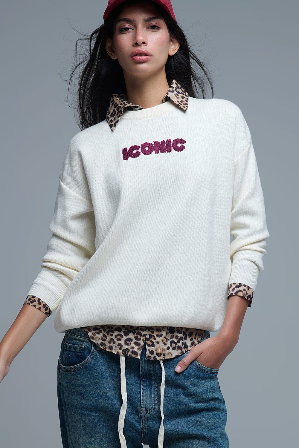 Embroidered ICONIC Sweater with Global Tour Back Print in Cream