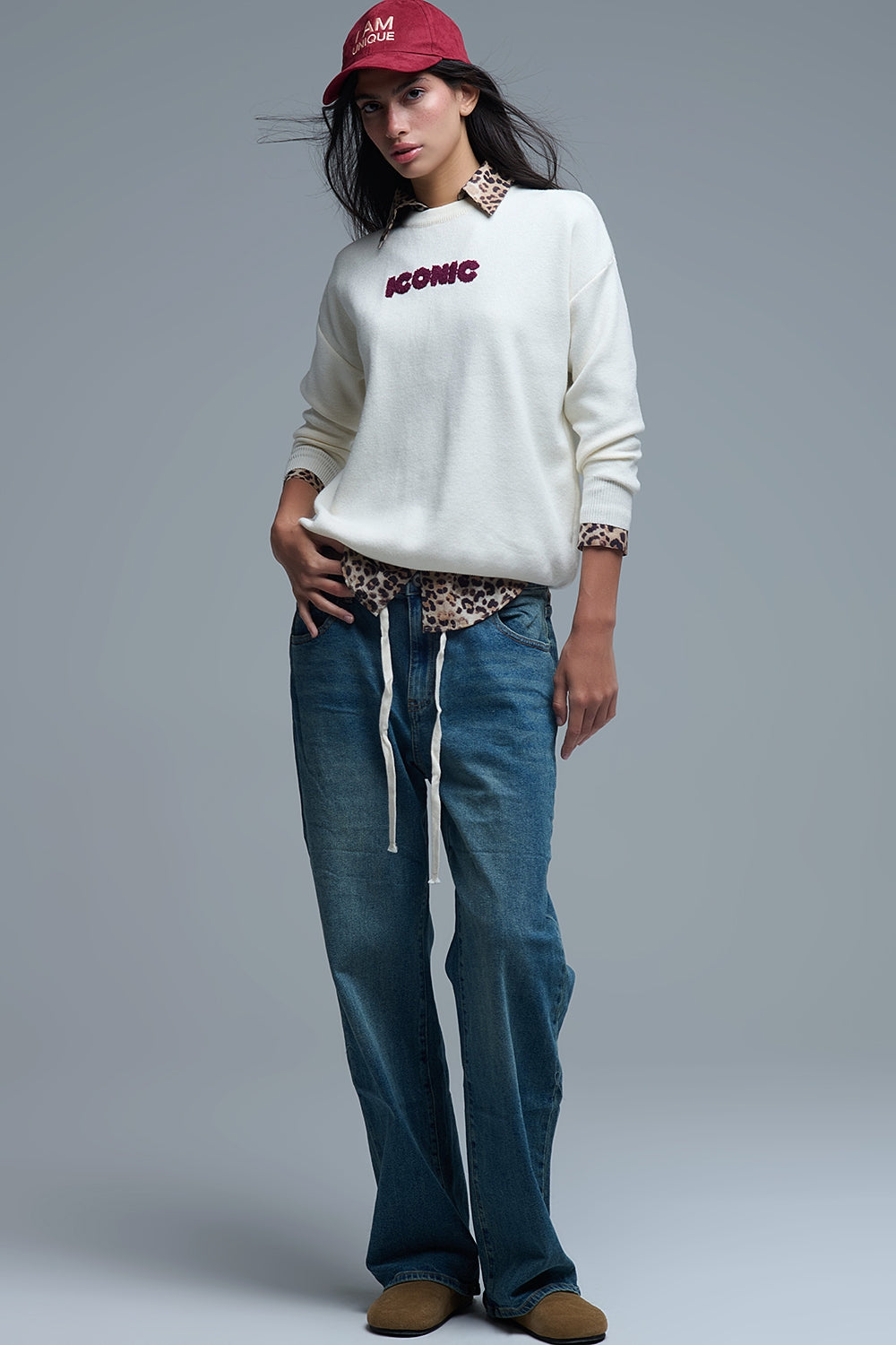 Embroidered ICONIC Sweater with Global Tour Back Print in Cream