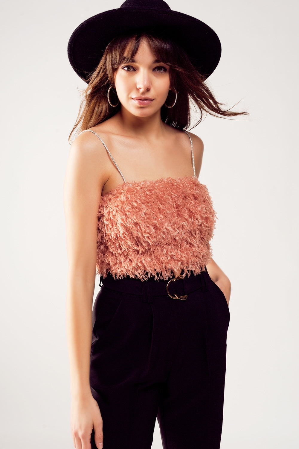 Q2 Faux feather crop cami in pink