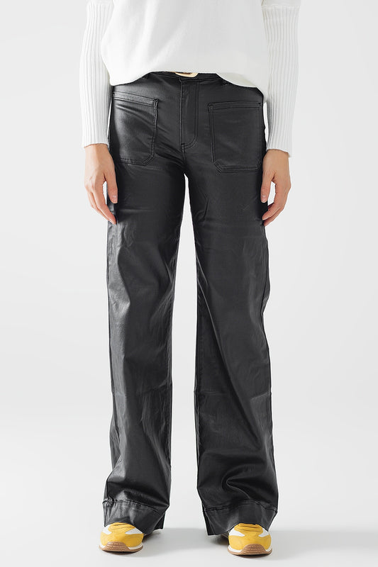 Faux leather pants with wide leg and pocket detail