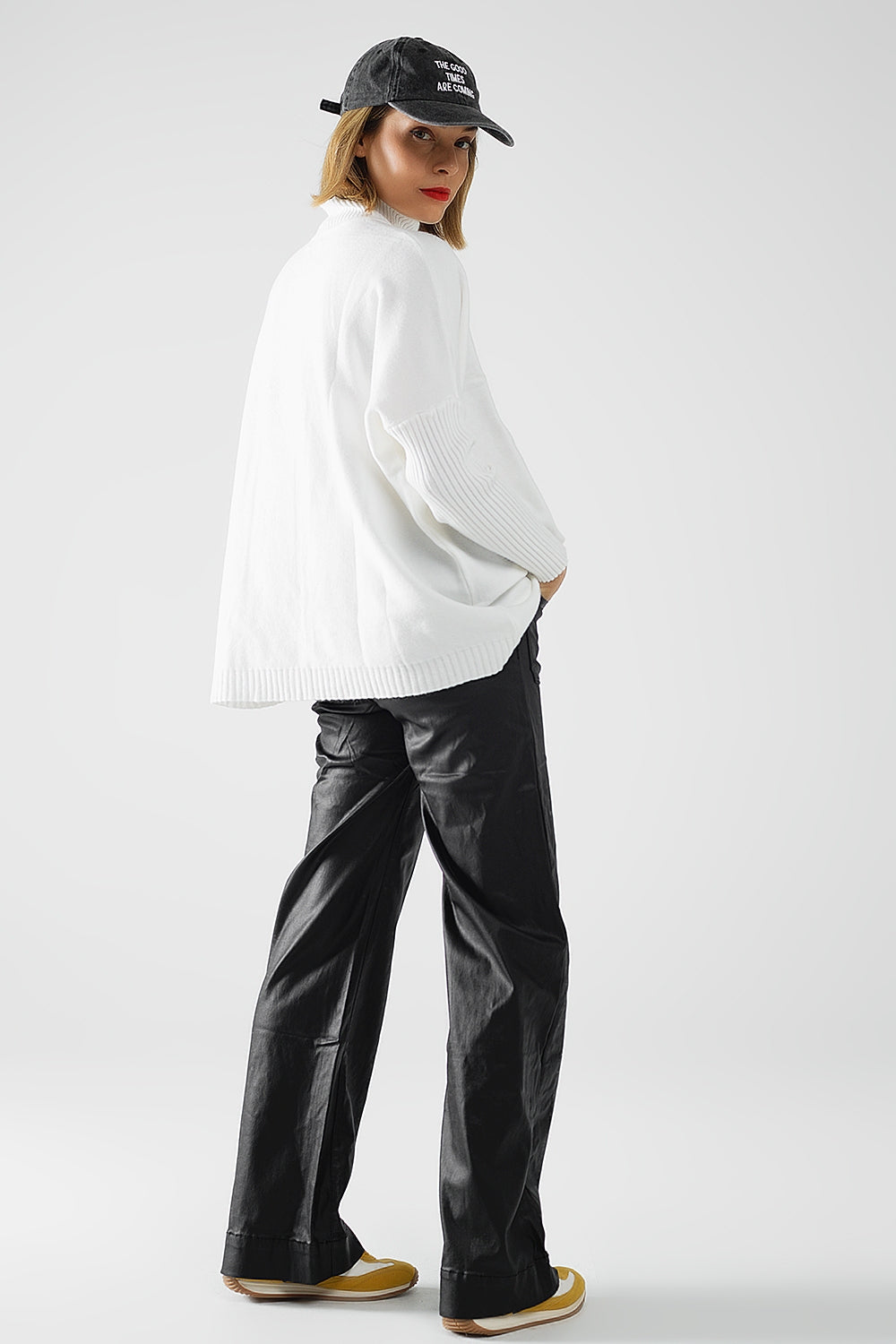 Faux leather pants with wide leg and pocket detail