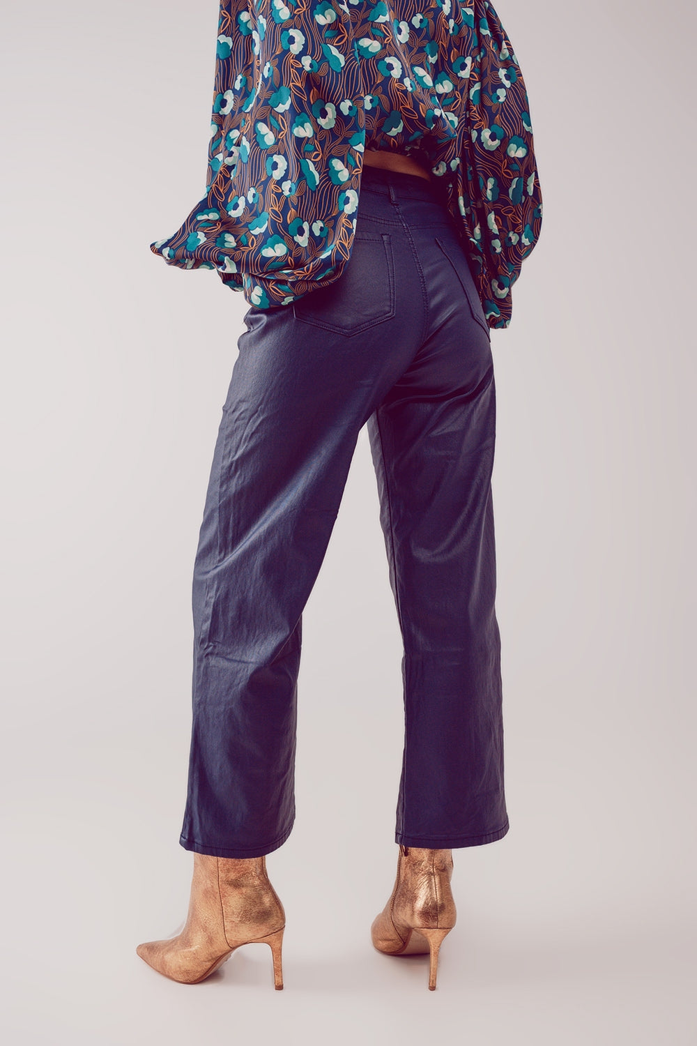 Faux leather wide leg pants in blue