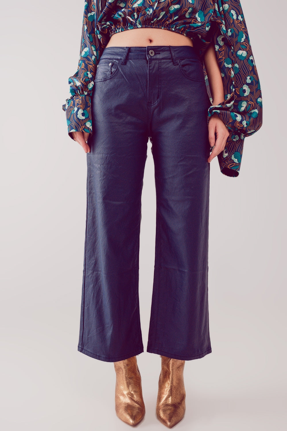 Faux leather wide leg pants in blue