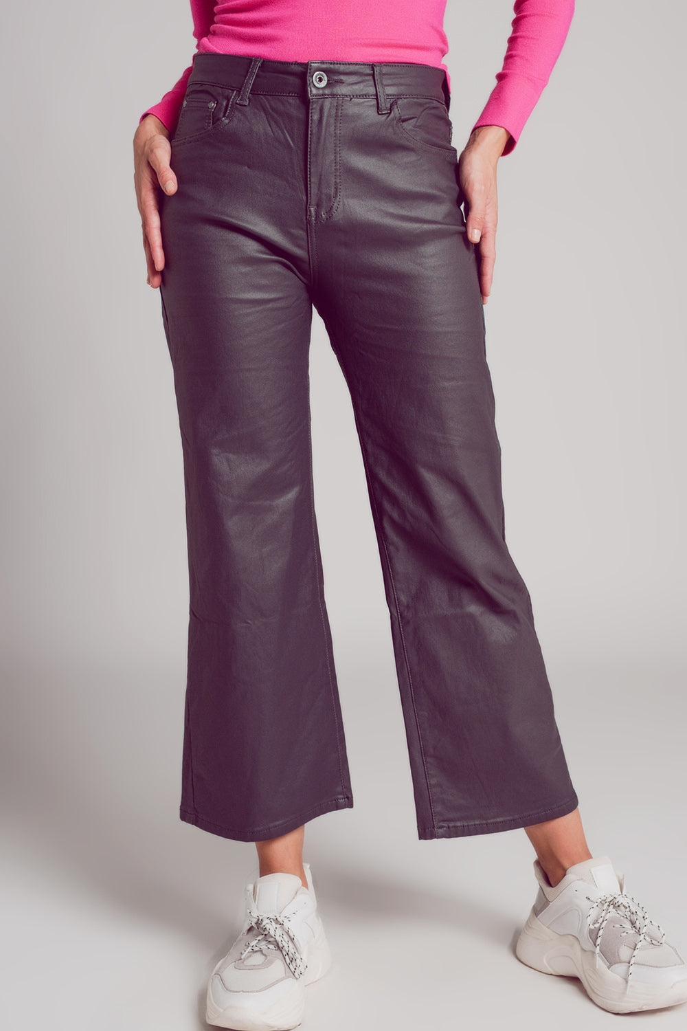 Q2 Faux leather wide leg trouser in grey