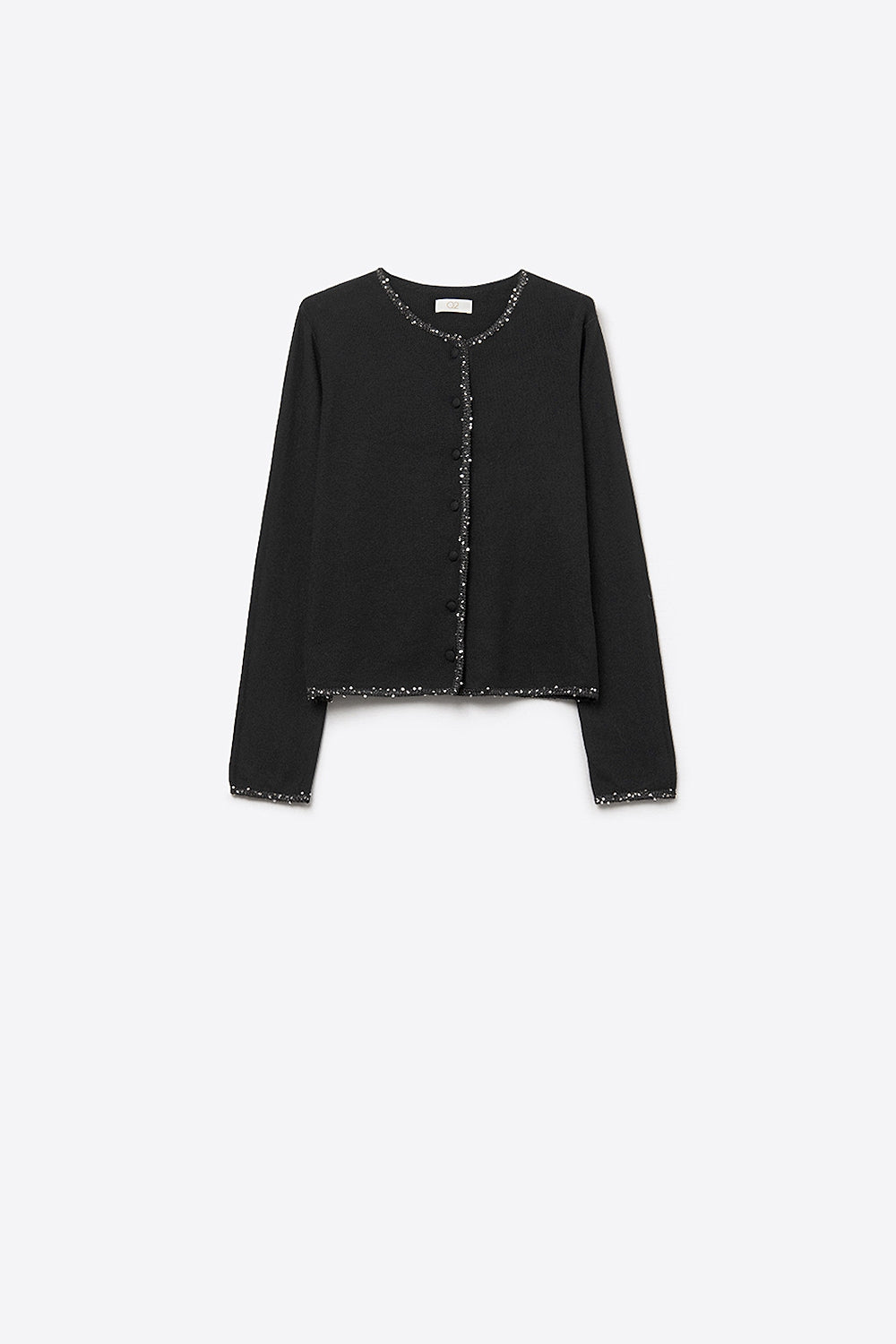 Q2 fine knit black cardigan with rhinestone detail