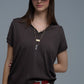 Fine Knit Polo-Style Short Sleeve Top in Brown