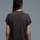 Fine Knit Polo-Style Short Sleeve Top in Brown