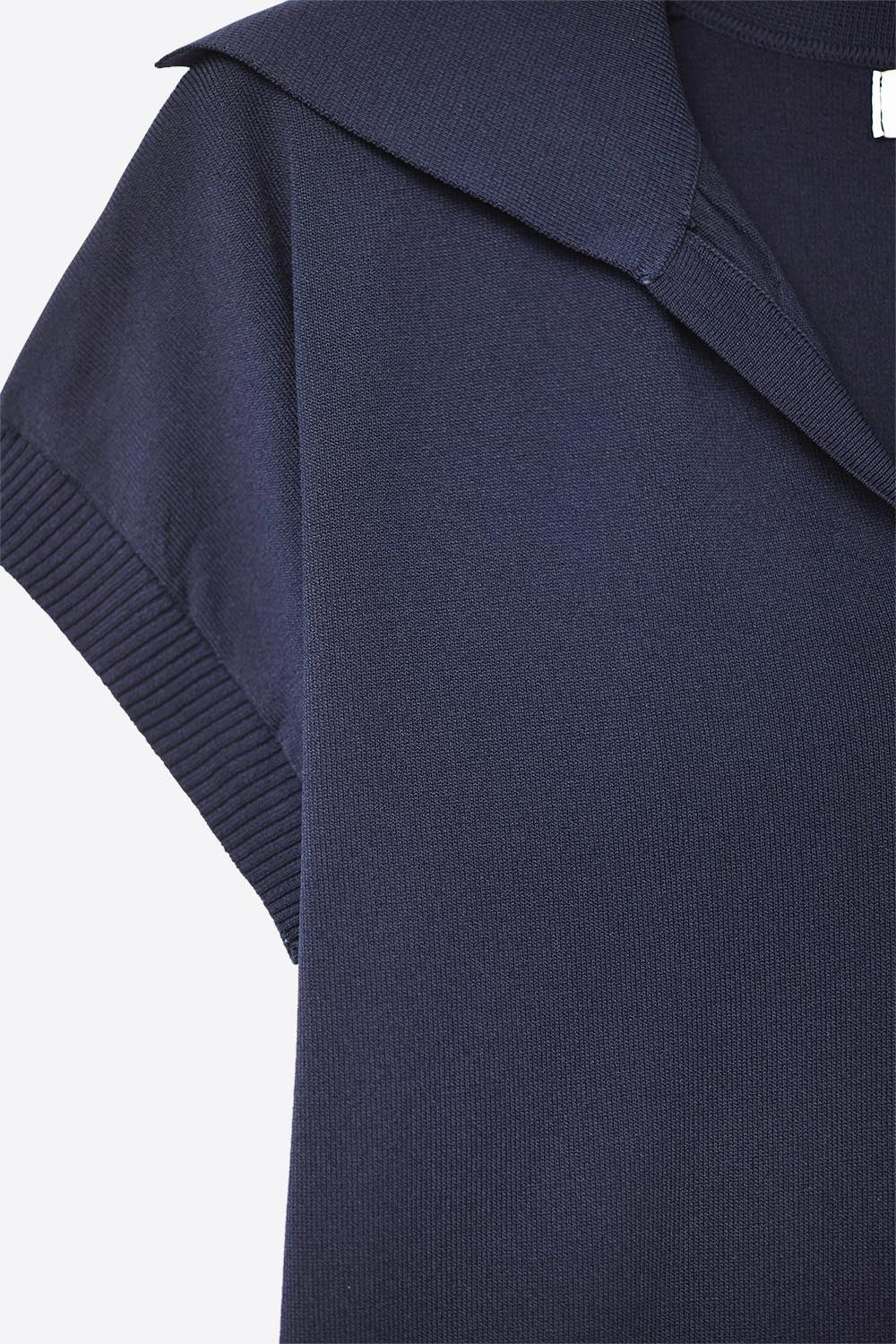 Fine Knit Polo-Style Short Sleeve Top in Navy