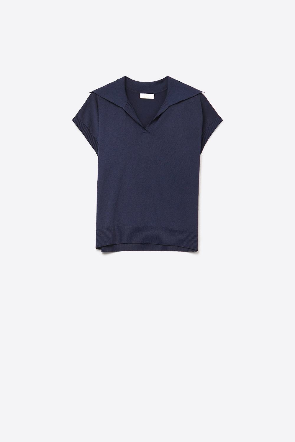 Fine Knit Polo-Style Short Sleeve Top in Navy