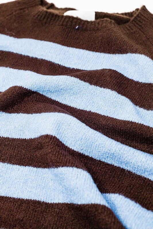 Fine knit sweater in brown with blue stripes