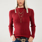 Q2 Fitted ribbed sweater in maroon with silver thread detail