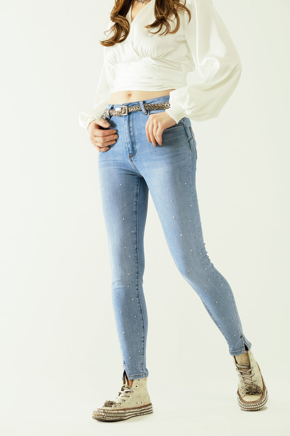 Five-pocket skinny jeans in stretch denim with strass detail all over