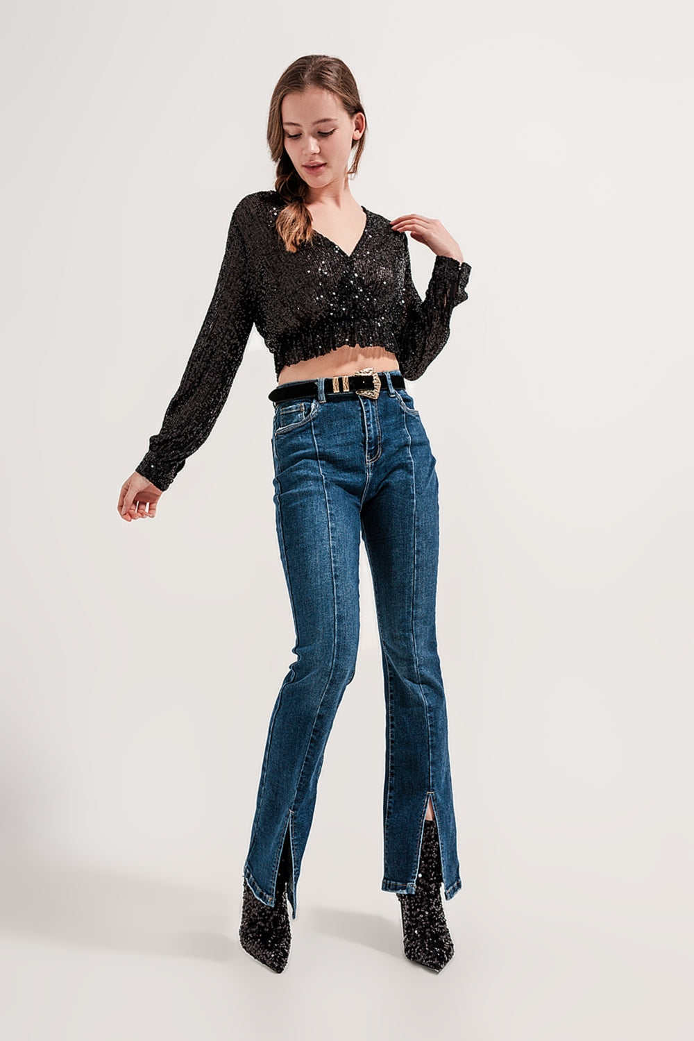 Flare jeans with split hem