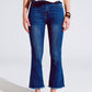 Q2 Flared Skinny Jeans With Raw Hem Edge In Mid Wash