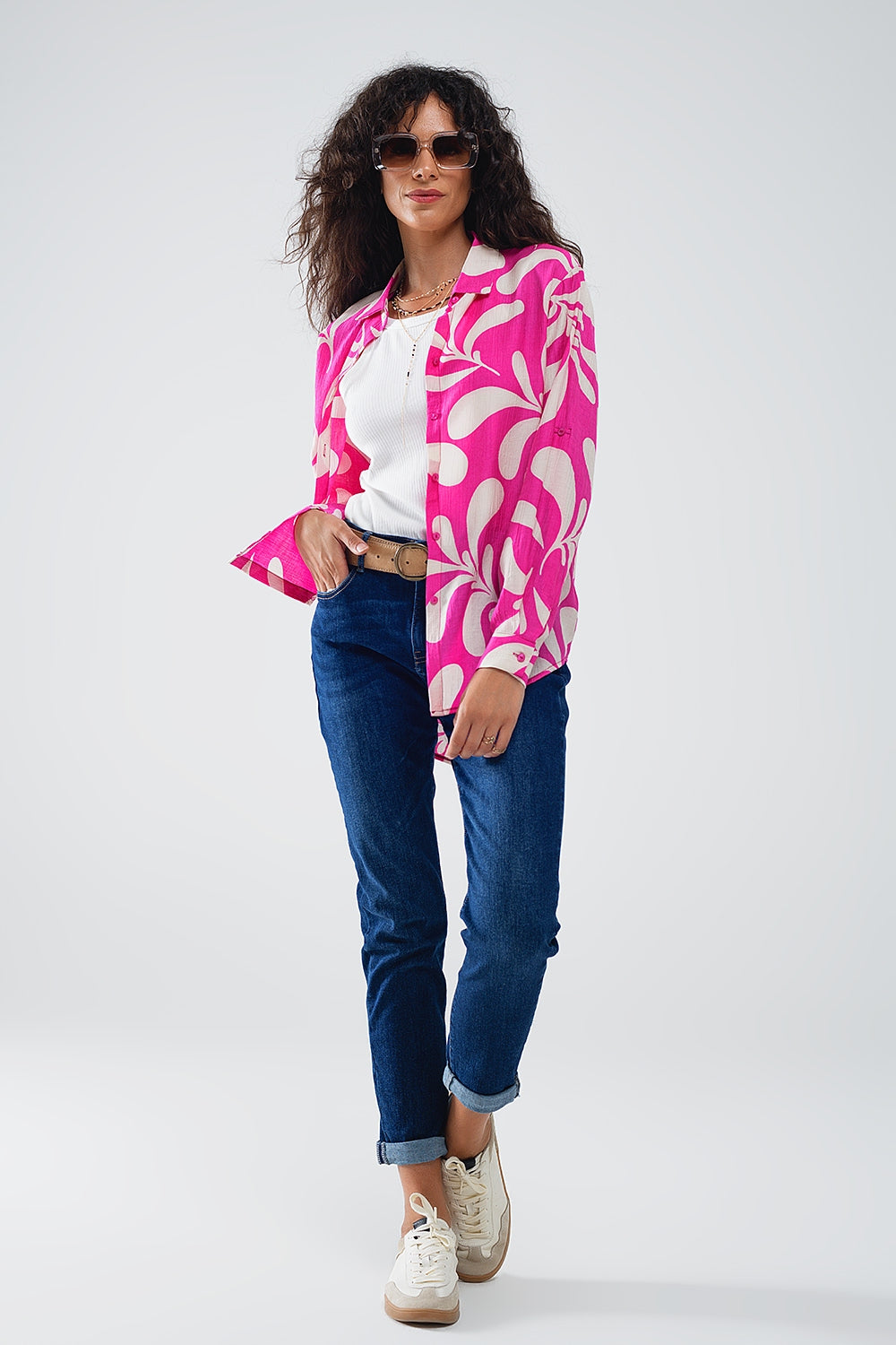 Floral Print Blouse With Polo Collar in Fuchsia