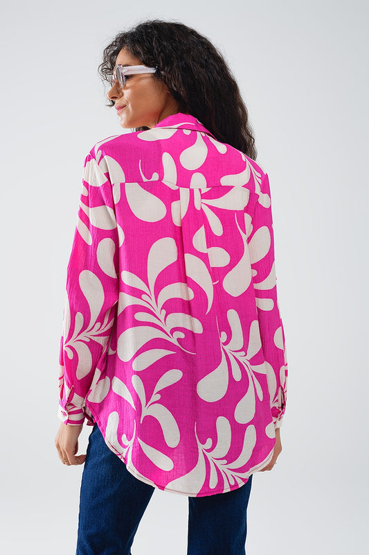 Floral Print Blouse With Polo Collar in Fuchsia