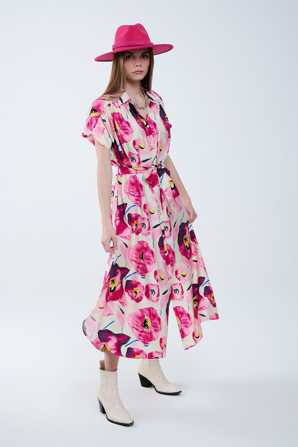 Q2 Floral printed buttoned shirt dress in fuchsia