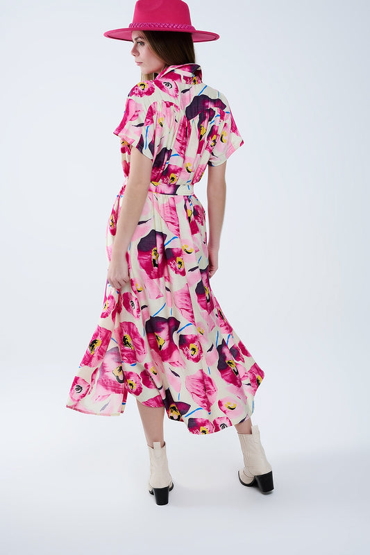 Floral printed buttoned shirt dress in fuchsia