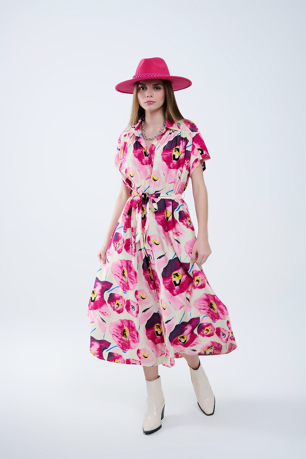 Floral printed buttoned shirt dress in fuchsia