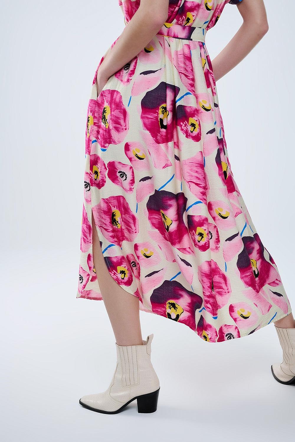 Floral printed buttoned shirt dress in fuchsia