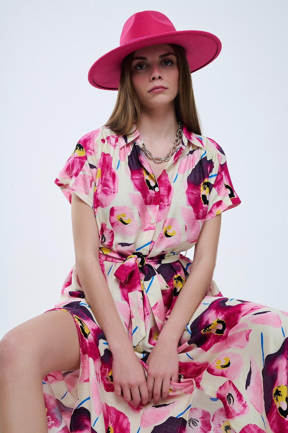 Floral printed buttoned shirt dress in fuchsia