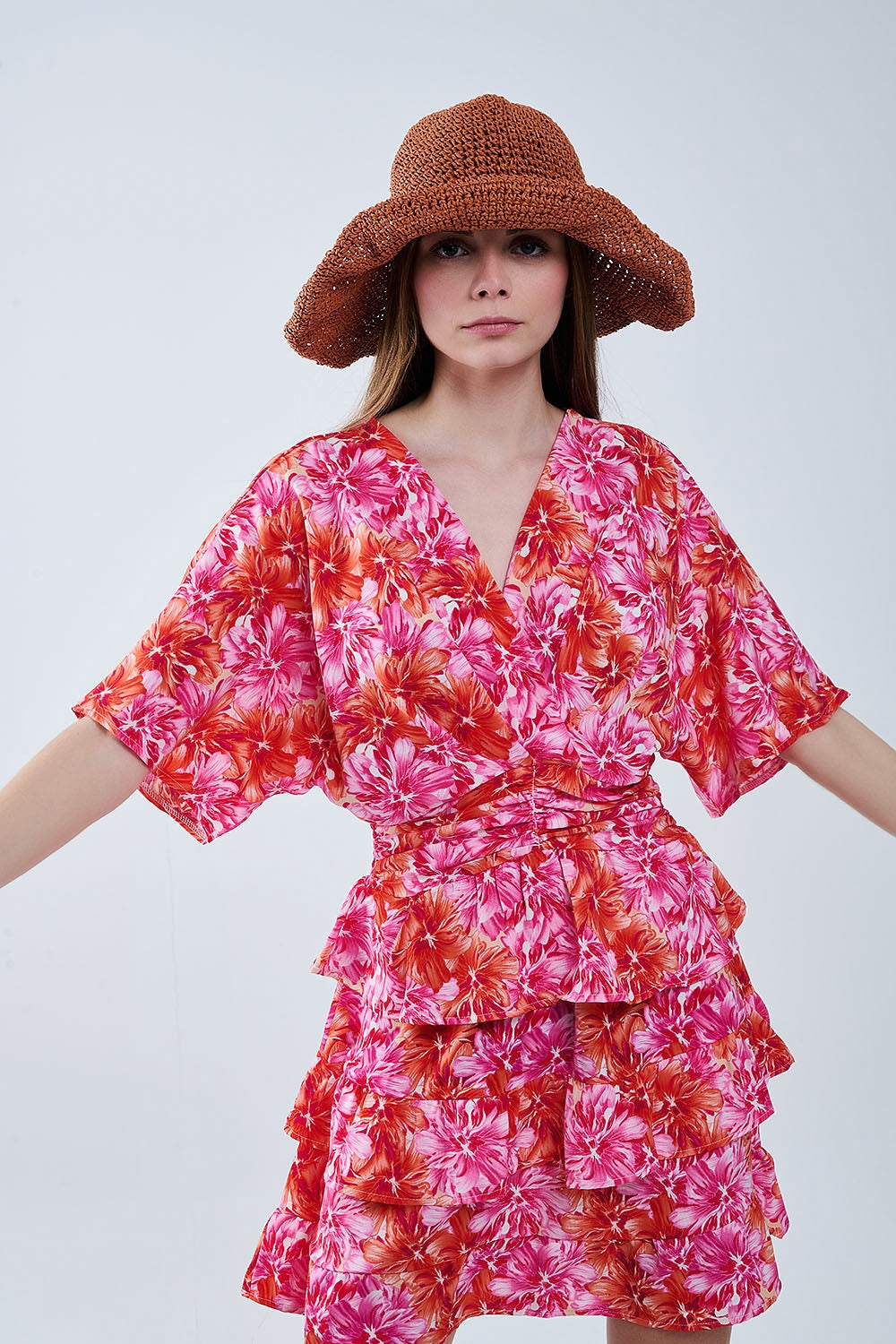 Q2 Floral printed Dress With Pink Orange and Red Tones