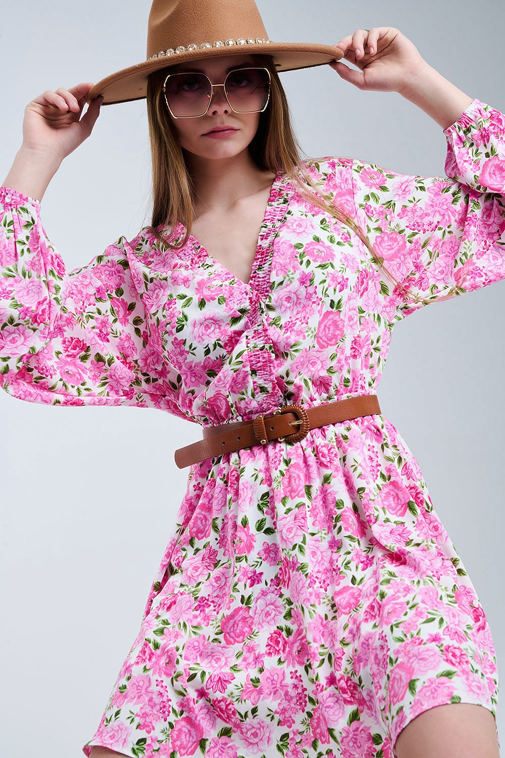 Floral V-Neck Dress with Pink Blooms and Green Accents