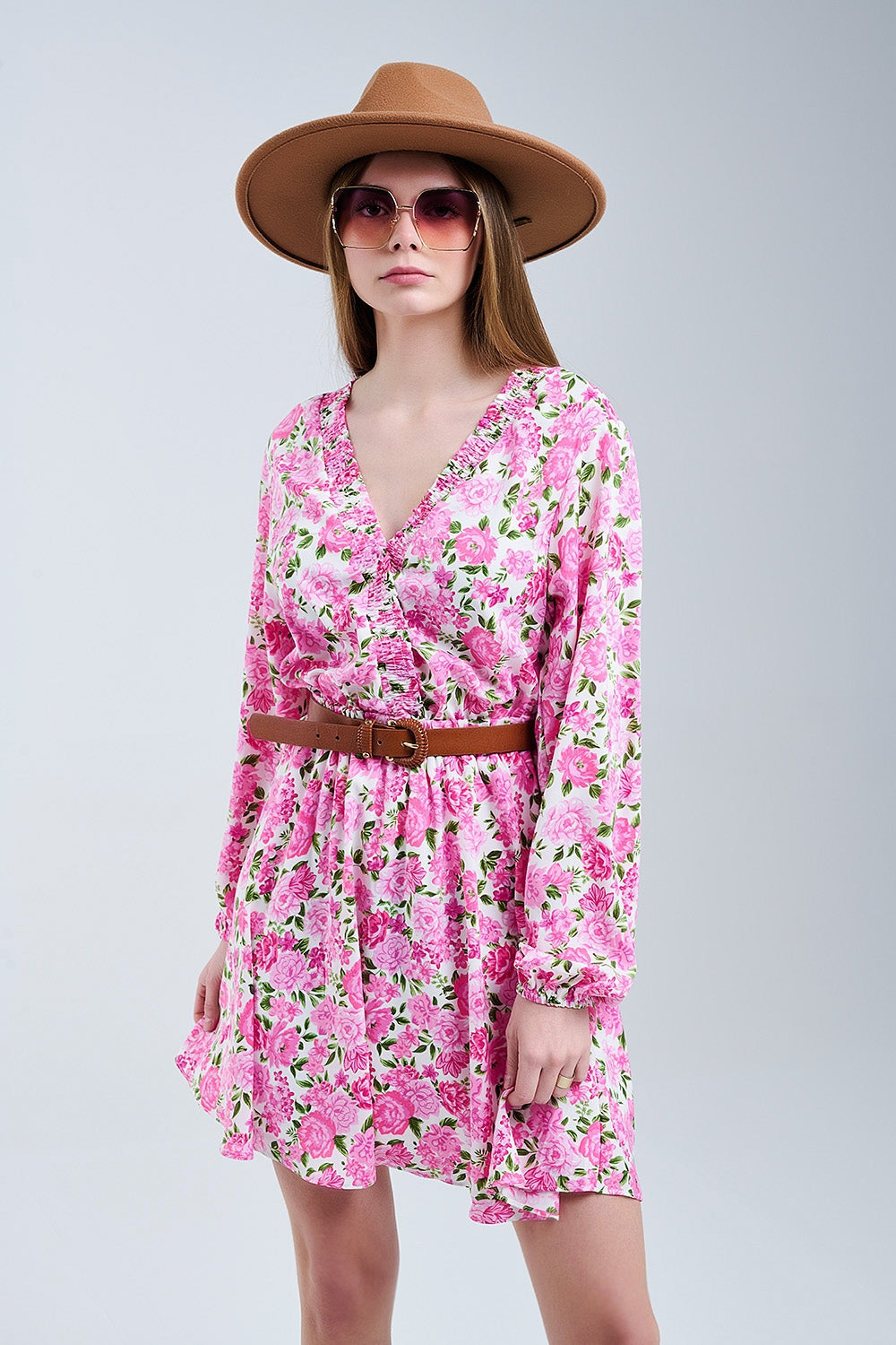 Floral V-Neck Dress with Pink Blooms and Green Accents