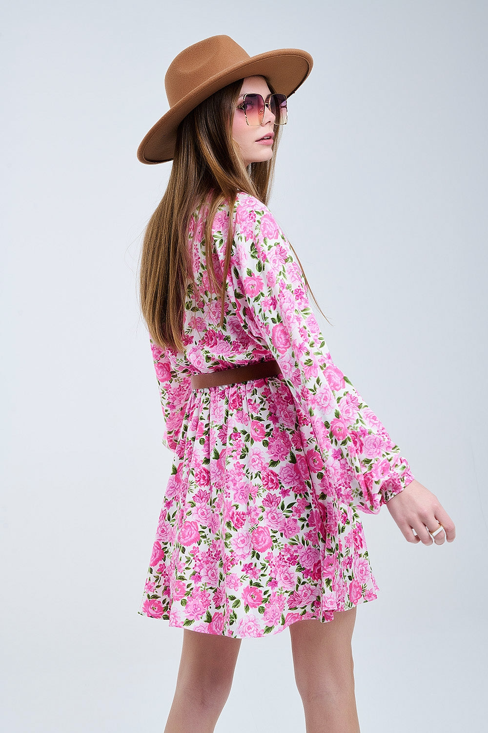 Floral V-Neck Dress with Pink Blooms and Green Accents