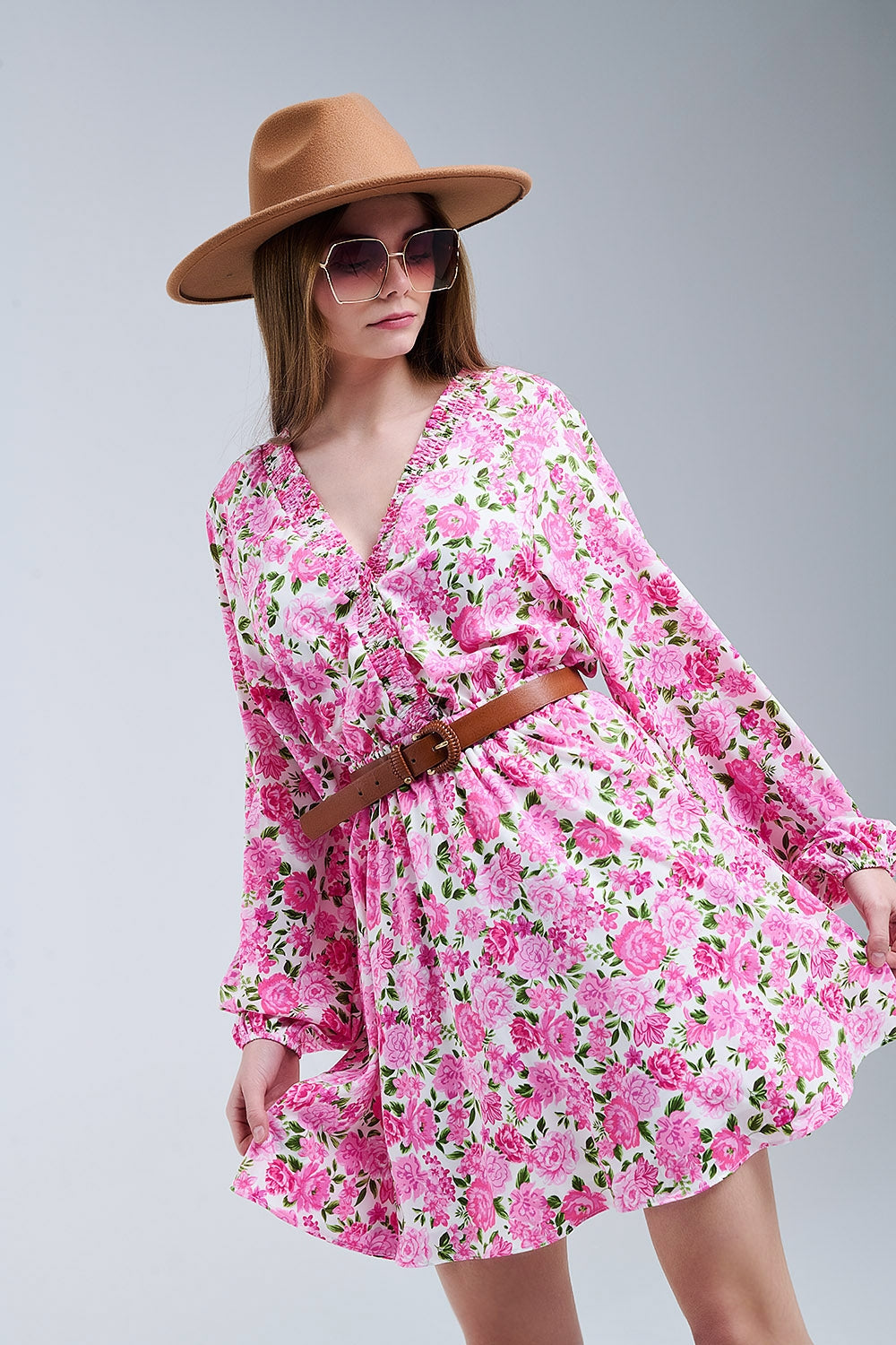 Floral V-Neck Dress with Pink Blooms and Green Accents