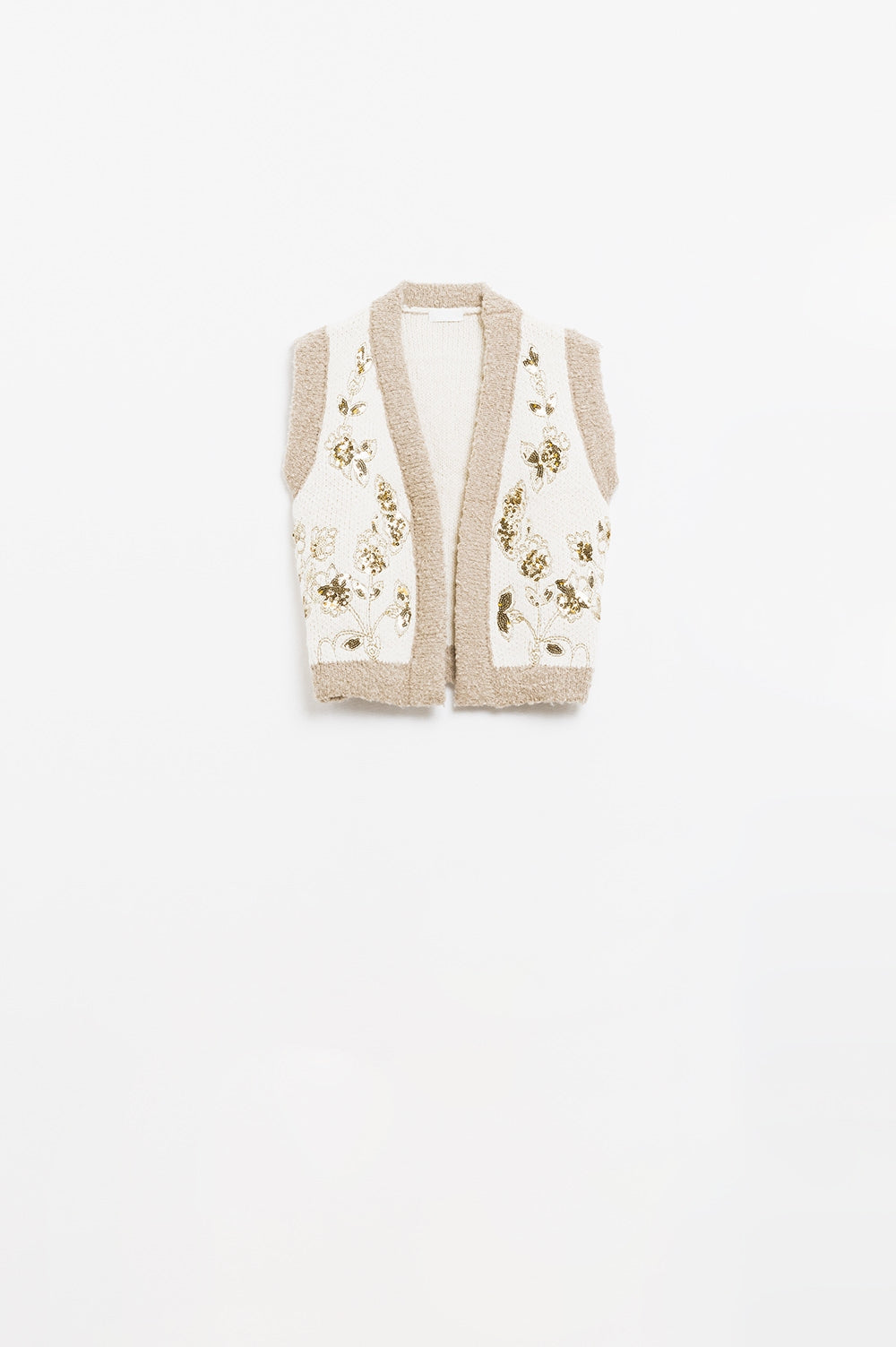 Flower Embroidered Knitted Vest in Ecru