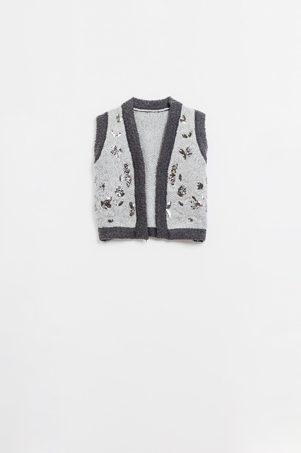 Q2 Flower Embroidered Knitted Vest in grey