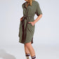 Q2 Flowy Button Up Dress With Belt And Side Pockets