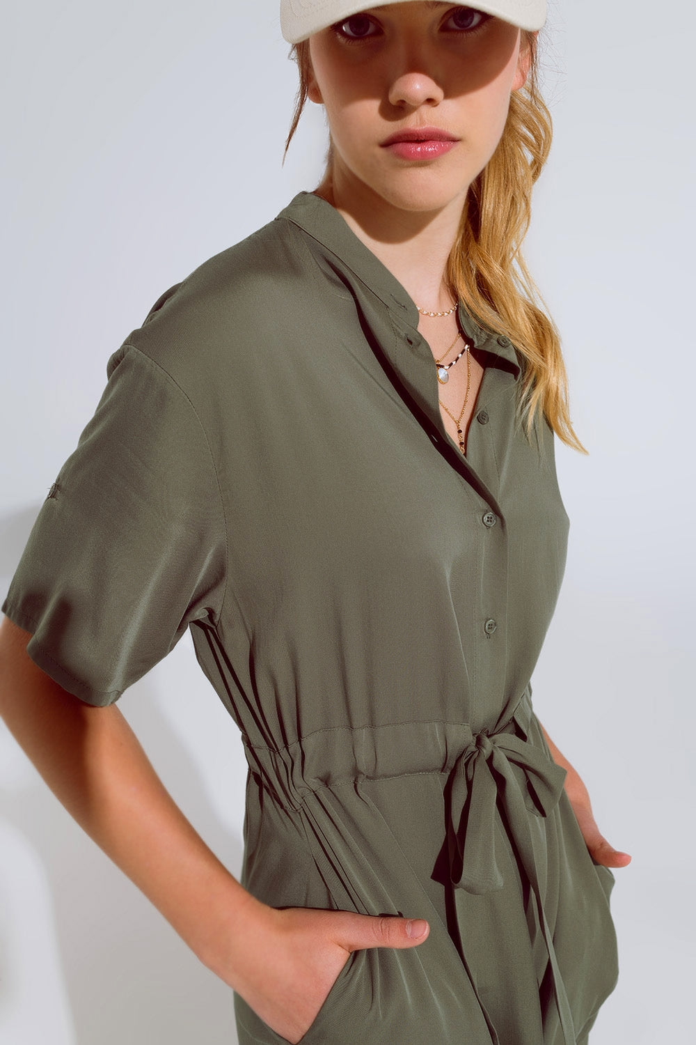 Flowy Button Up Dress With Belt And Side Pockets